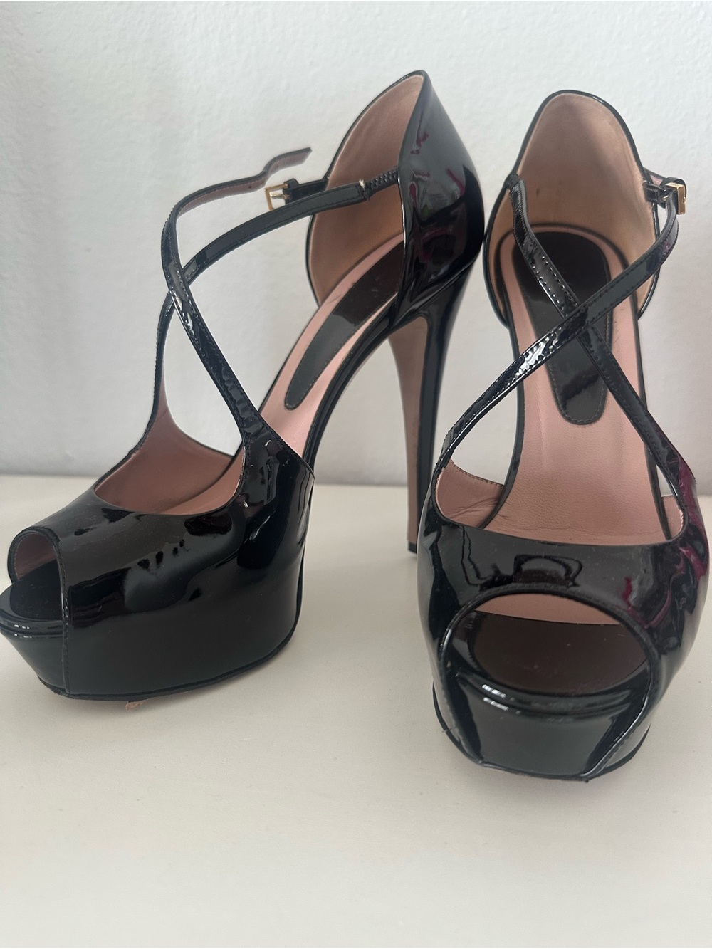 Gucci Black Patent Peep-Toe Platform Heels with Crisscross Strap